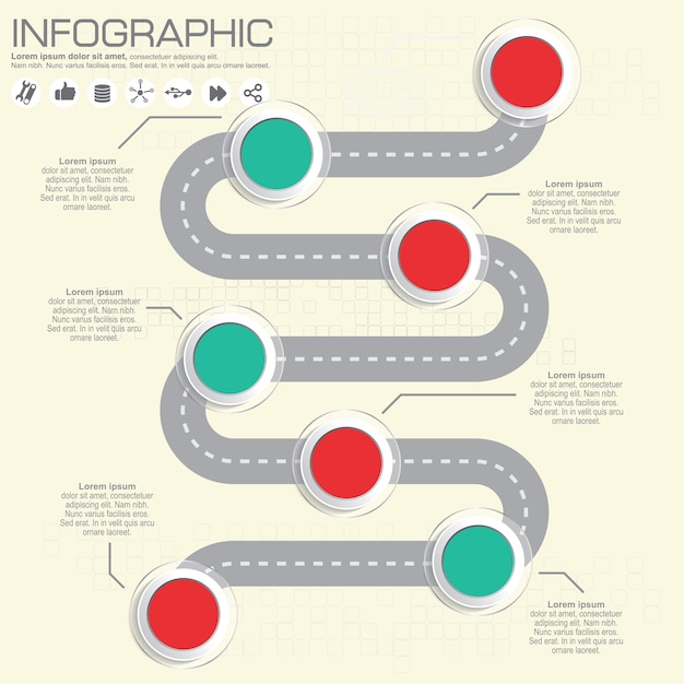 Weg tijdlijn infographic ontwerpsjabloon met kleur pictogrammen.