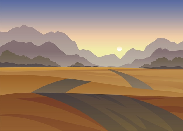 Vector weg tussen de heuvels in de woestijn tegen de grijze heuvels en zonsondergang avond landschap vectorillustratie op witte achtergrond