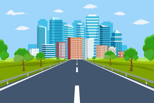 Weg weg naar stadsgebouwen aan de horizon.