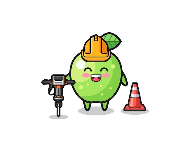 Wegenwerker mascotte van groene appel met een schattig ontwerp voor een boormachine