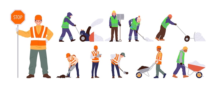Vector wegenwerkers cartoon personage reparatie van asfalt het verwijderen van sneeuw na de winter sneeuwstorm geïsoleerde set
