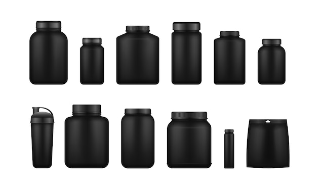 Wei-eiwit en massa krijgen zwarte plastic pot, fles. Ontwerpsjabloon voor fitness voeding busje voor sportschool en training.