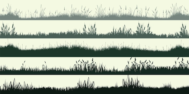 Vector weide silhouetten met grasplanten op een vlak panoramisch zomer graslandschap met verschillende kruiden