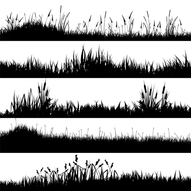 Vector weide silhouetten met grasplanten op een vlak panoramisch zomer graslandschap met verschillende kruiden