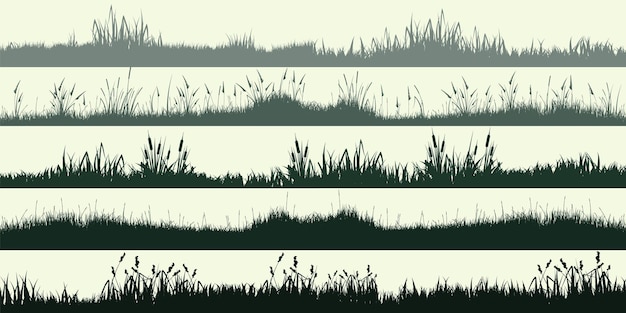 Vector weide silhouetten met grasplanten op een vlak panoramisch zomer graslandschap met verschillende kruiden