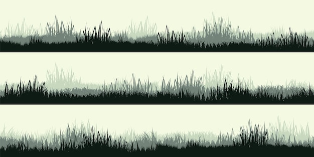 Vector weide silhouetten met grasplanten op een vlak panoramisch zomer graslandschap met verschillende kruiden