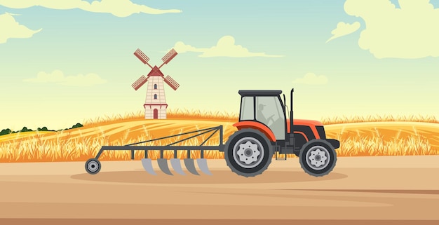 Vector weideveld uitzicht met oogstmachine tractor molen huis en prachtige lucht agrarische vector