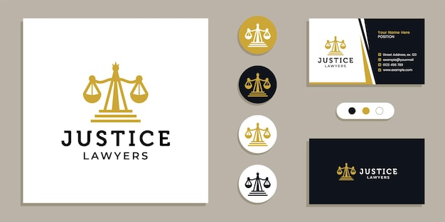 Weighing scales, justice law firm logo and business card design template inspiration