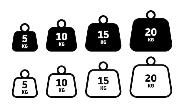 Weight of 5 kg, 10 kg, 15 kilo, and 20 kilograms vector icon set illustration.