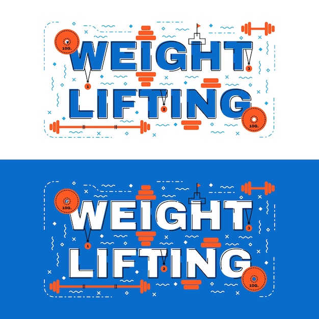 Weight lifting banner; weight lifting lettering flat line design with icons