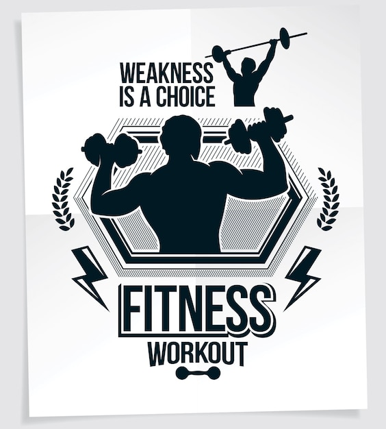 Weight-lifting championship promotion flyer created with vector illustration of athletic bodybuilder body silhouette holding fitness dumbbells sport equipment. Weakness is a choice lettering.