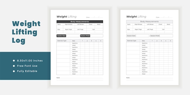 Weight lifting logbook journal and minimalist planner printable pages templates