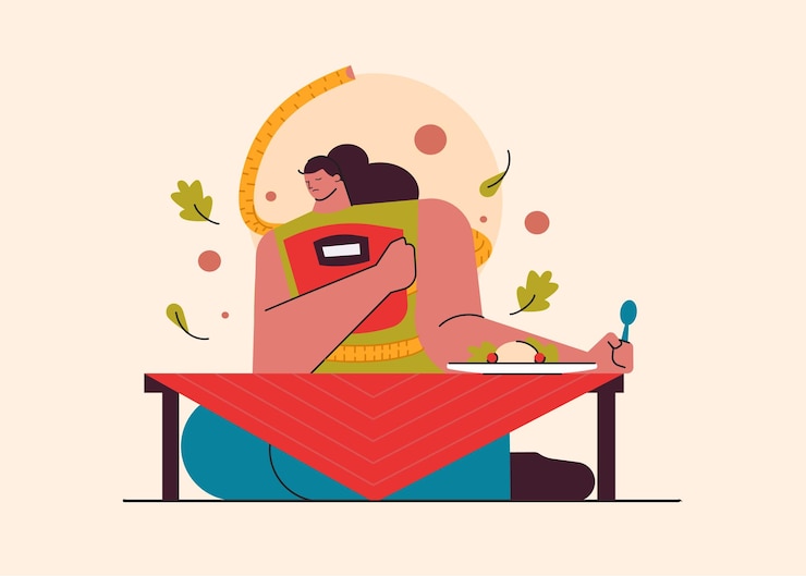 Vector weight loss fail concept. scale and depressed, not eating her food