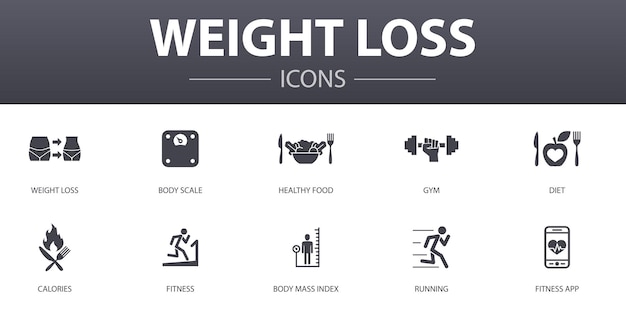 Vector weight loss simple concept icons set. contains such icons as body scale,  healthy food, gym, diet and more, can be used for web, logo, ui/ux