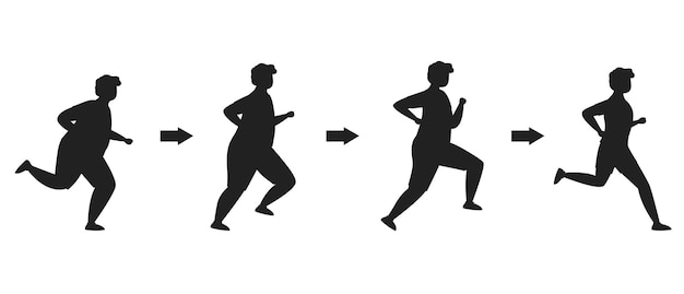 Weight loss stages running man healthy sport lifestyle isolated Vector Silhouettes