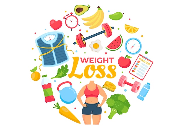 Vector weight loss vector illustration of woman body transformation concept with diet and healthy lifestyle