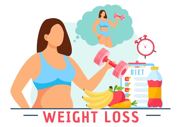 Vector weight loss vector illustration of woman body transformation concept with diet and healthy lifestyle