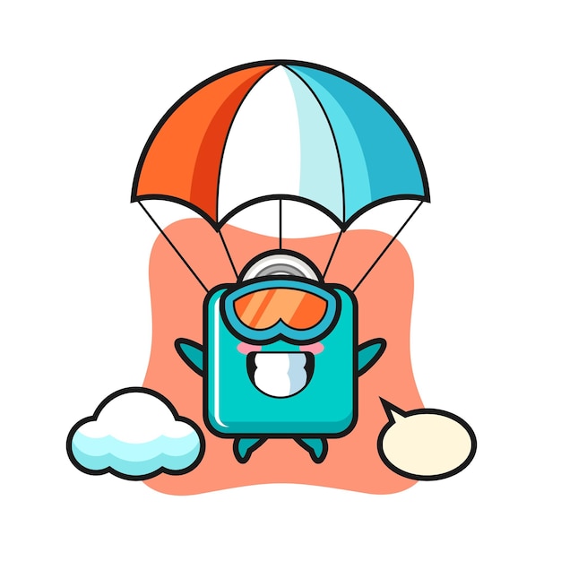 Weight scale mascot cartoon is skydiving with happy gesture