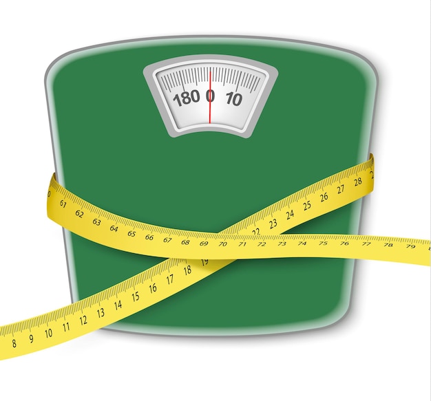 Vector weight scale with a measuring tape. concept of diet.