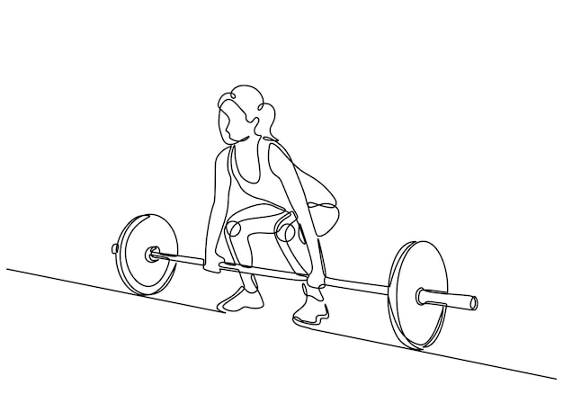 Vector weight training drawing of woman muscle vector female holding barbell continuous one line drawing