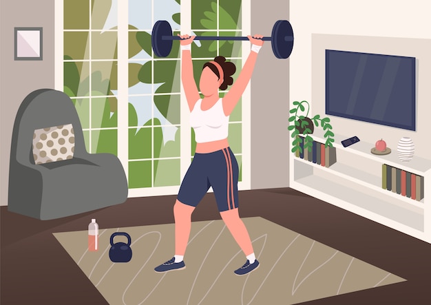 Vector weightlifting at home flat color illustration