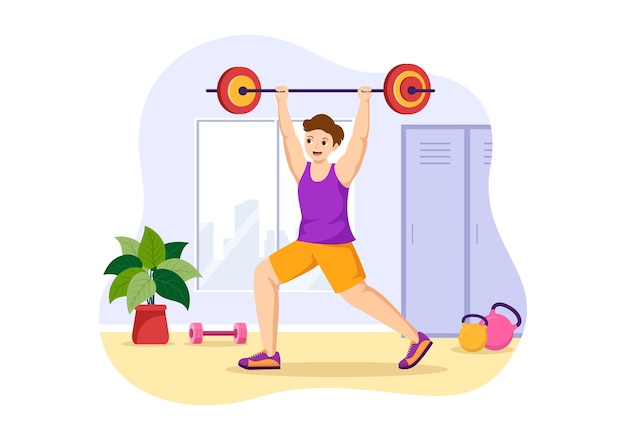 Weightlifting Sport Illustration with Athlete Lifts a Heavy Barbell and Bodybuilder Training