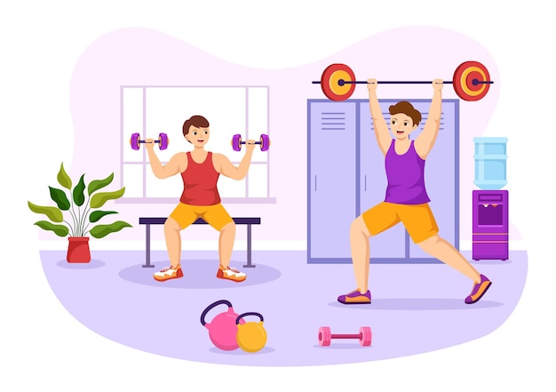 Weightlifting sport illustration with athlete lifts a heavy barbell and bodybuilder training