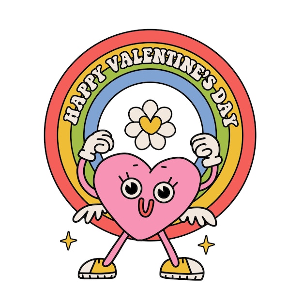 Weird cute heart character with rainbow in psychedelic s style hippie groove retro and vintage isola