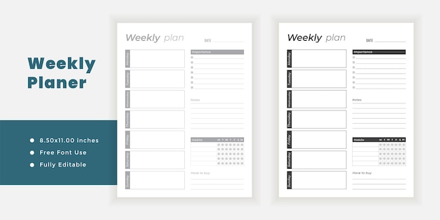 Wekelijks planner logboek dagboek en minimalistische afdrukbare pagina's sjablonen
