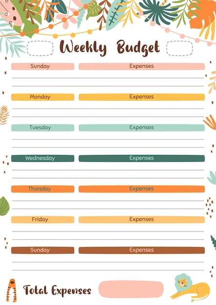 Wekelijkse budgetplanner sjabloon om af te drukken Weekplan afdrukbaar ontwerp voor thuisbegroting werkblad A4-formaat Vectorillustratie