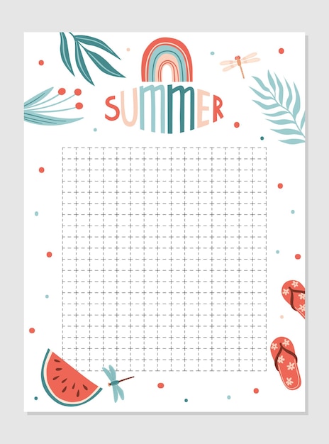 Vector wekelijkse en dagelijkse planner-sjabloon schema met notities en takenlijst met zomeritems