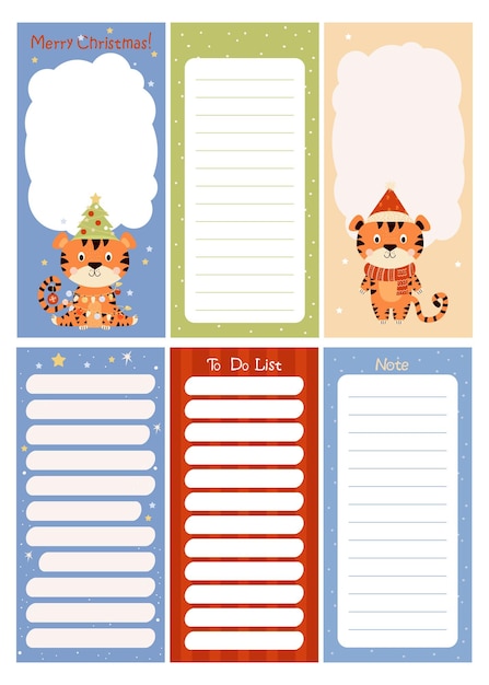 Wekelijkse of dagelijkse planner notitie papier takenlijst sticker sjablonen vrolijk kerstfeest met nieuwjaar tijger