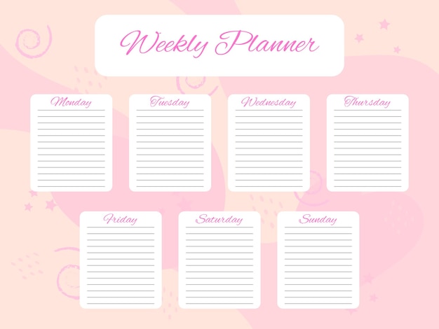 Wekelijkse planner doodle elementen op roze achtergrond Schema ontwerpsjabloon Takenlijst voor elke dag van de week Zelforganisatie Vector illustratie