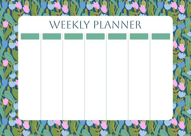 Vector wekelijkse planner met bloemenpatroon lente bloemen en bladeren tulpen op donkere achtergrond voor aantekeningen