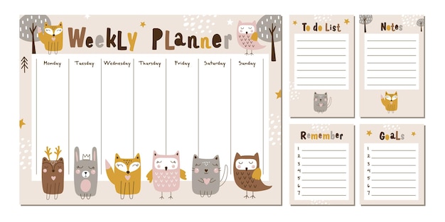 Wekelijkse planner met schattige bosdieren