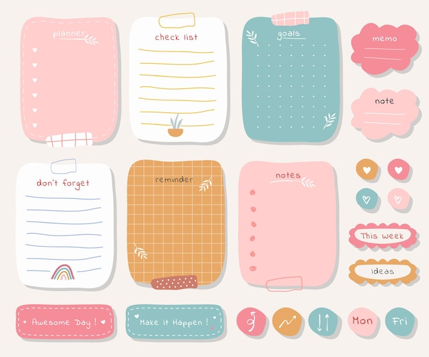 Vector wekelijkse planner met schattige illustratie pastel thema-afbeelding voor journaling, sticker en plakboek.