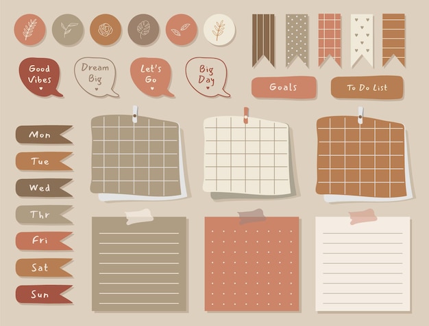 Vector wekelijkse planner met schattige illustratie terracota thema-afbeelding voor journaling, sticker en plakboek.