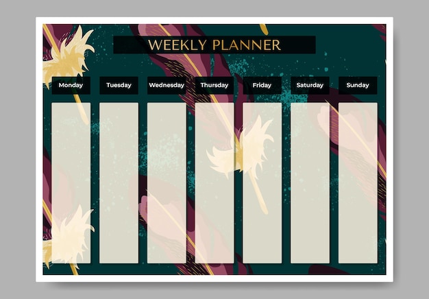 Wekelijkse planner op veren achtergrond. Vector illustratie. Planner voor bedrijven en particulier gebruik.