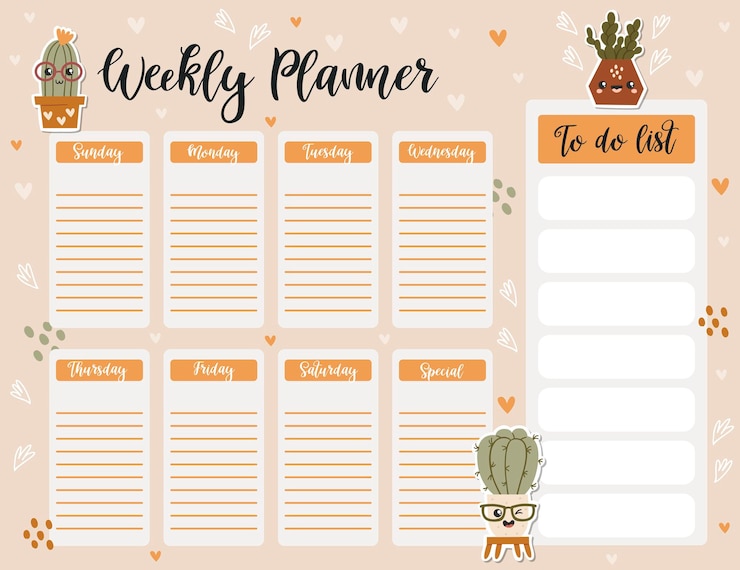 Vector wekelijkse planner-paginasjabloon, takenlijst met schattige cactussen