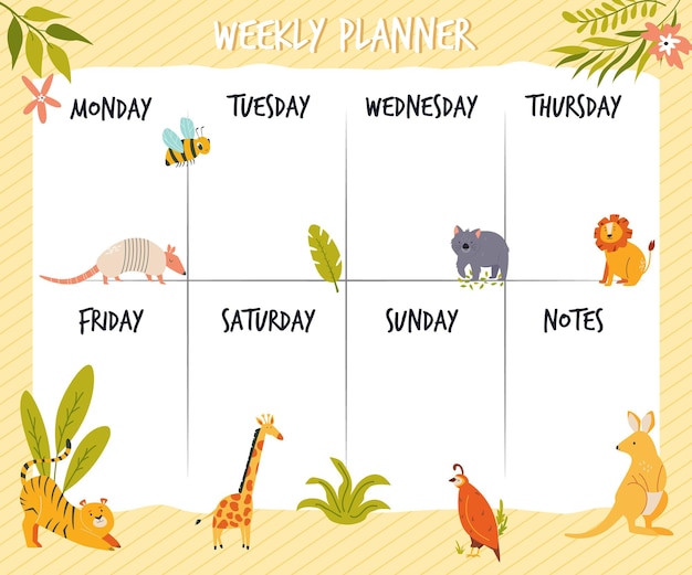 Wekelijkse plannerkaart, banner met schattige wilde dieren. vector illustratie