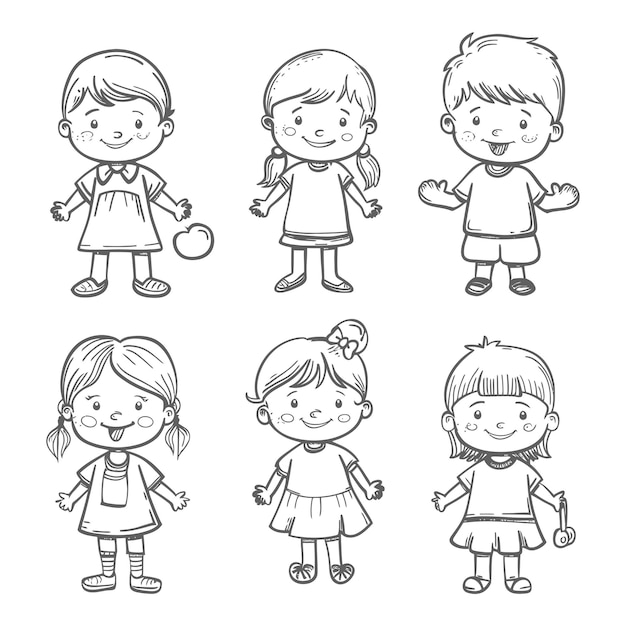 Vector wel handtekeningen schattige kinderen set doodle stijl illustratie alleen zwarte kleur