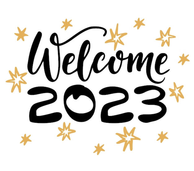 Welcome 2023 hand calligraphy lettering happy new year and merry christmas greeting card 2023 logo