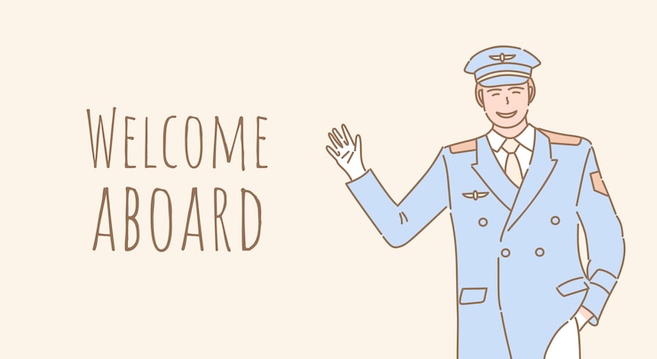 Vector welcome aboard banner design. pilot welcoming you to the airplane outline poster design.