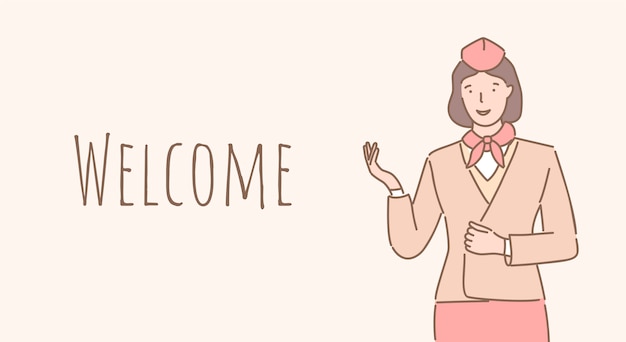 Welcome aboard banner design. Stewardess welcoming you to the airplane outline poster design.