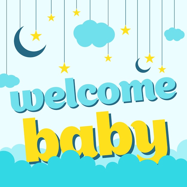 Welcome baby poster with clouds and stars in the sky