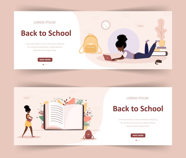 Welcome back to school. African girl reading book. Smart students. Women cartoon character. Modern illustration in flat style. Web banner for diverse education community and creativity.