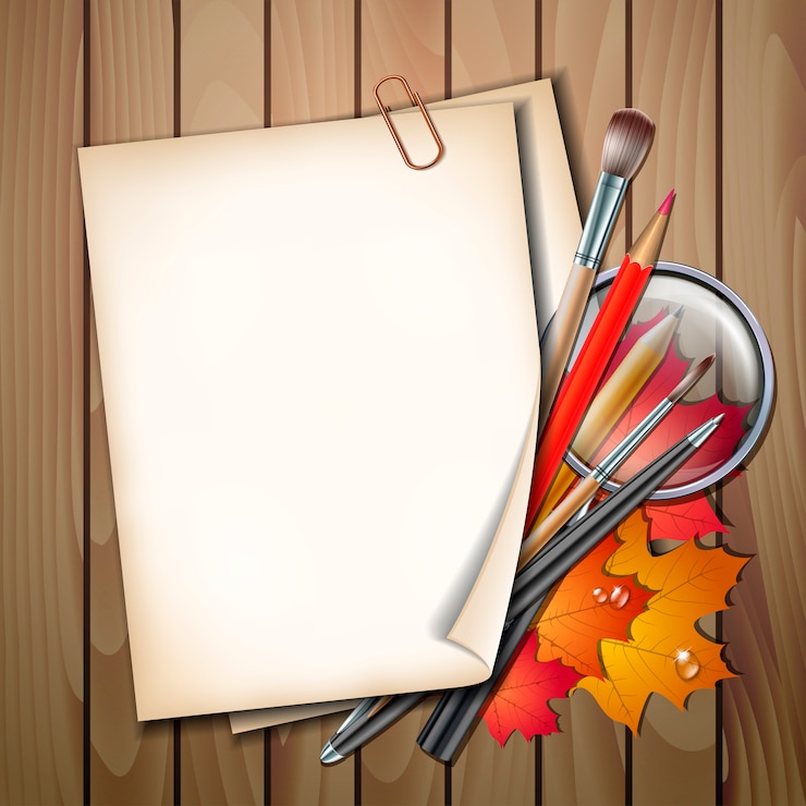 वेक्टर welcome back to school background. school items and elements. paper sheet with autumn leaves, pens, pencils, brushes and magnifying glass on wooden table