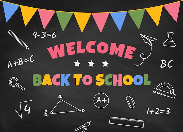 Welcome back to school banner black board with drawn school supplies festive ribbon with flags