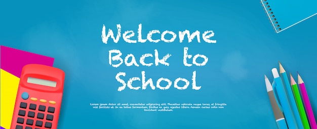 Welcome Back to School Banner template with realistic backpack and chalkboard Background.