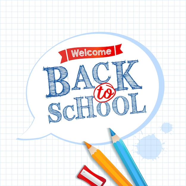 Welcome Back to School bubble sticker on paper in a cell Template for school with chalk draw text